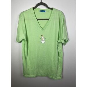 Fresh Produce T Shirt Women Medium Lime Green Snowman V Neck Made In USA Cotton